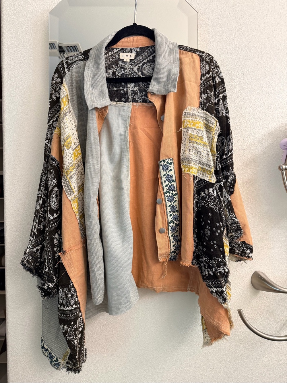 POL Bandana-Print Shirt Jacket in Black and Rust Trim